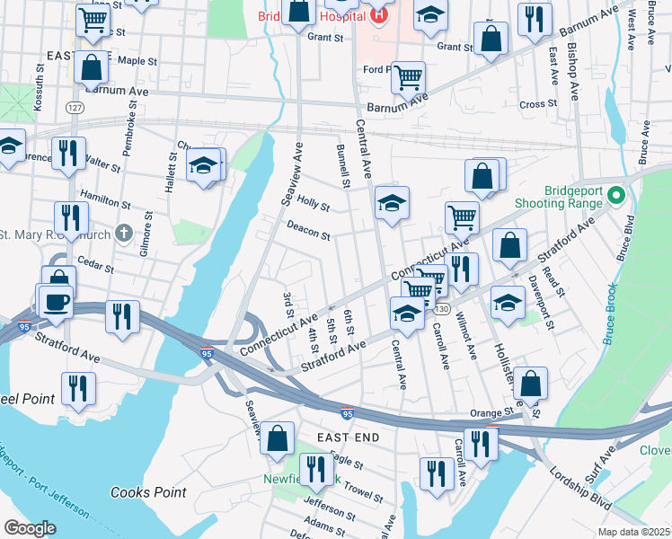map of restaurants, bars, coffee shops, grocery stores, and more near 233 6th Street in Bridgeport