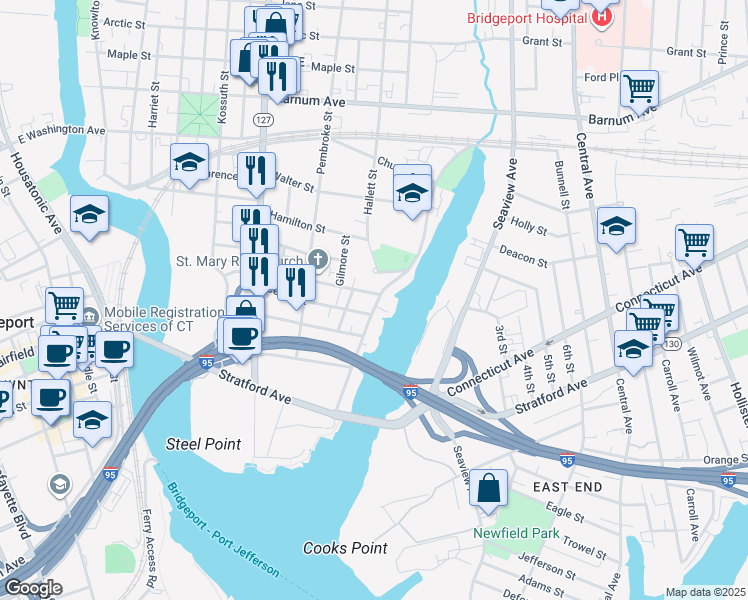 map of restaurants, bars, coffee shops, grocery stores, and more near 157 Sherman Street in Bridgeport