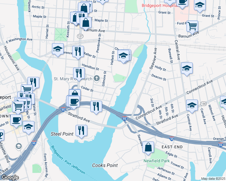 map of restaurants, bars, coffee shops, grocery stores, and more near 157 Sherman Street in Bridgeport