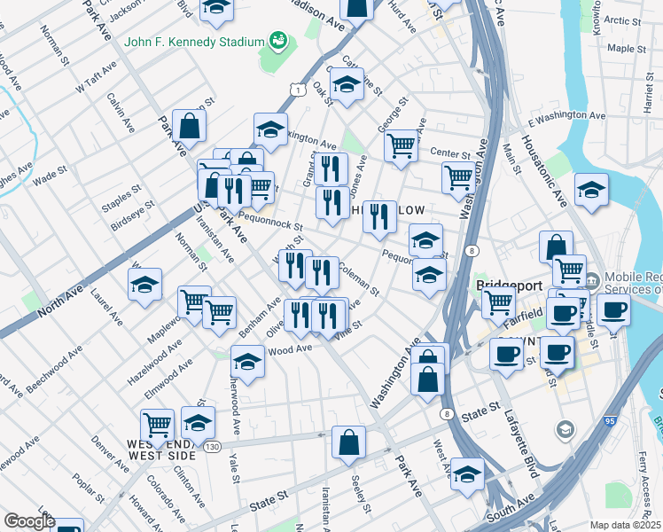 map of restaurants, bars, coffee shops, grocery stores, and more near 364 Benham Avenue in Bridgeport