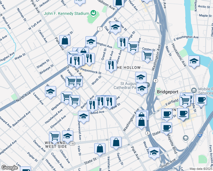 map of restaurants, bars, coffee shops, grocery stores, and more near 364 Benham Avenue in Bridgeport
