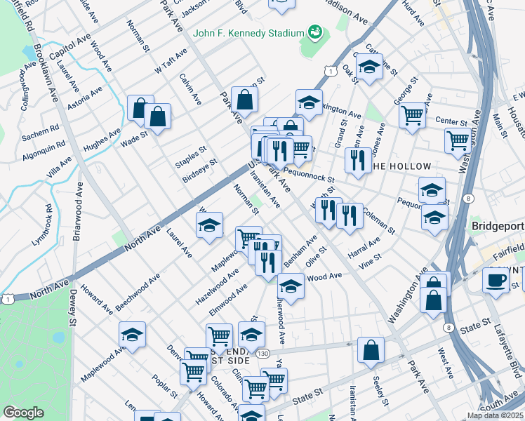map of restaurants, bars, coffee shops, grocery stores, and more near 1576 Iranistan Avenue in Bridgeport