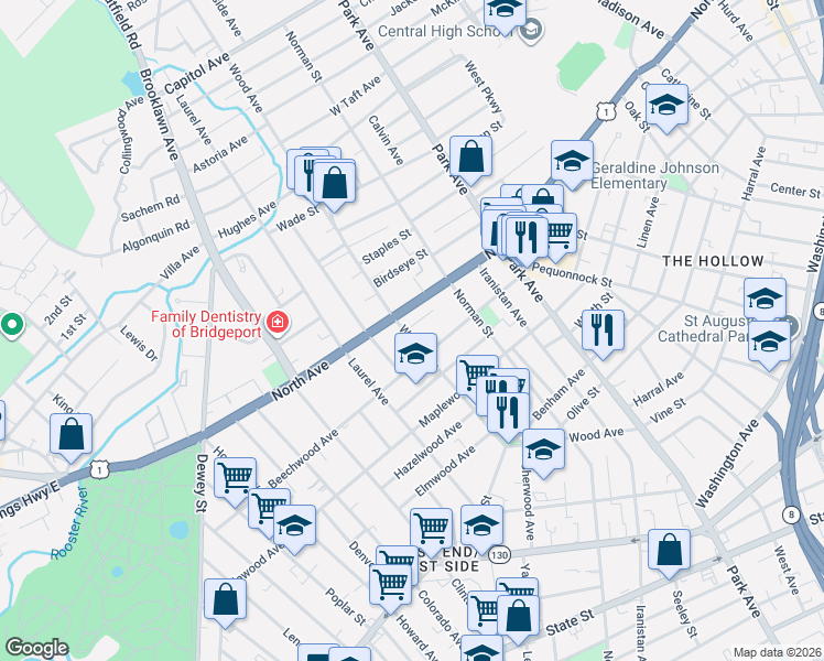 map of restaurants, bars, coffee shops, grocery stores, and more near 2009 North Avenue in Bridgeport