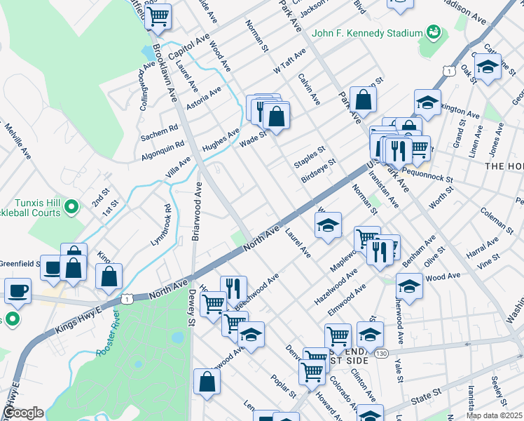 map of restaurants, bars, coffee shops, grocery stores, and more near 978 Laurel Avenue in Bridgeport