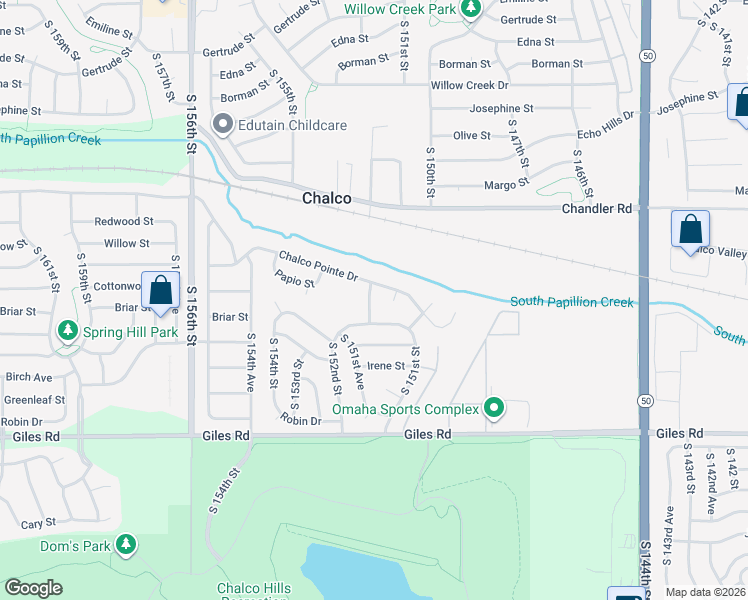 map of restaurants, bars, coffee shops, grocery stores, and more near 15135 Chalco Pointe Drive in Omaha