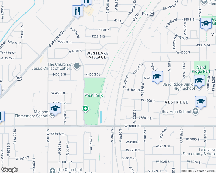 map of restaurants, bars, coffee shops, grocery stores, and more near 4519 Westpark Drive in Roy