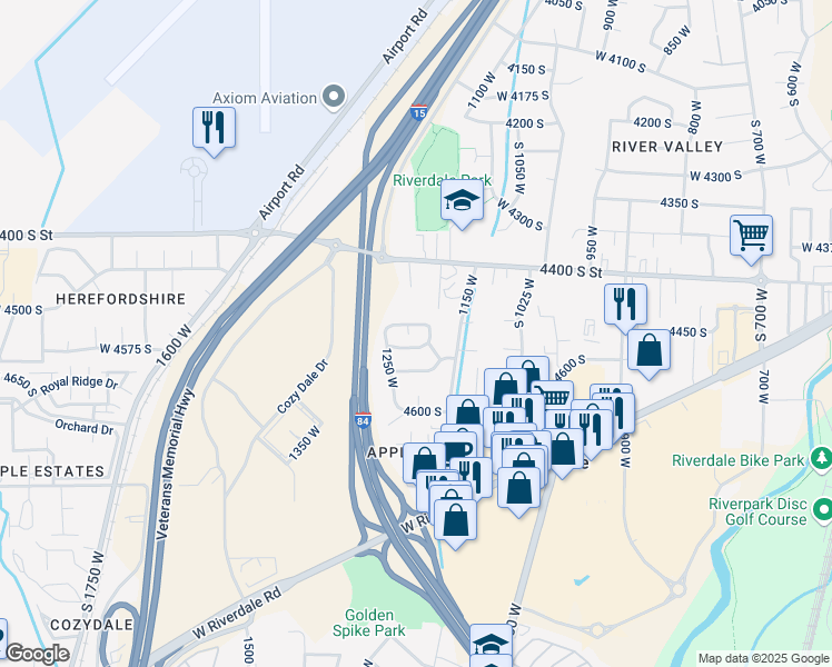 map of restaurants, bars, coffee shops, grocery stores, and more near 1219 4500 South in Riverdale