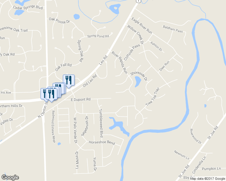 map of restaurants, bars, coffee shops, grocery stores, and more near 6203 Headwaters Trail in Fort Wayne