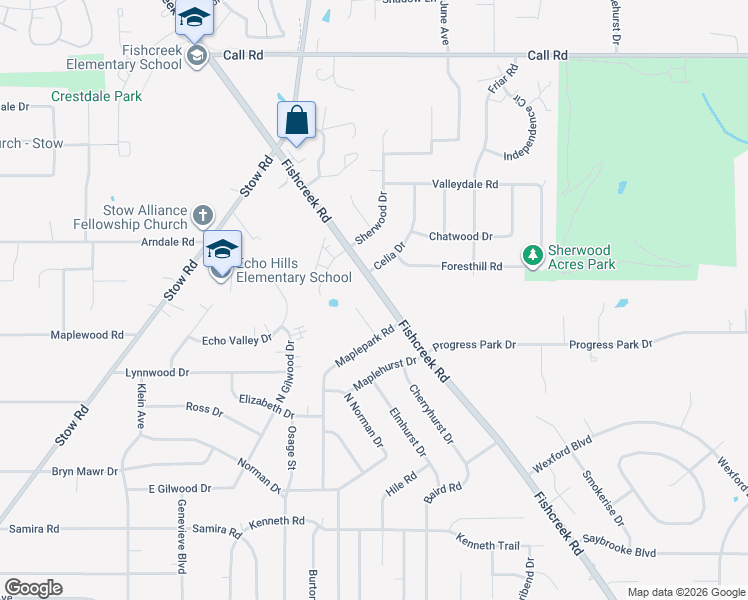 map of restaurants, bars, coffee shops, grocery stores, and more near 4752 Fishcreek Road in Stow