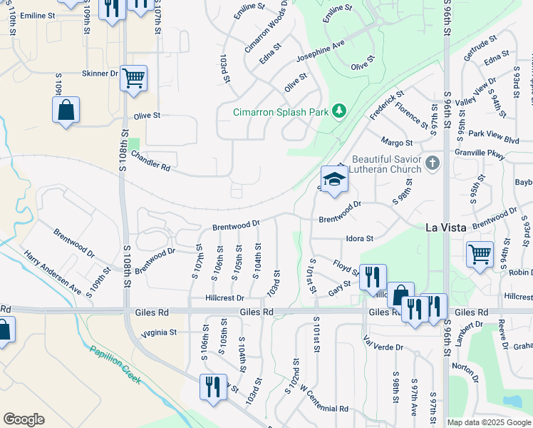 map of restaurants, bars, coffee shops, grocery stores, and more near 10320 Brentwood Drive in La Vista