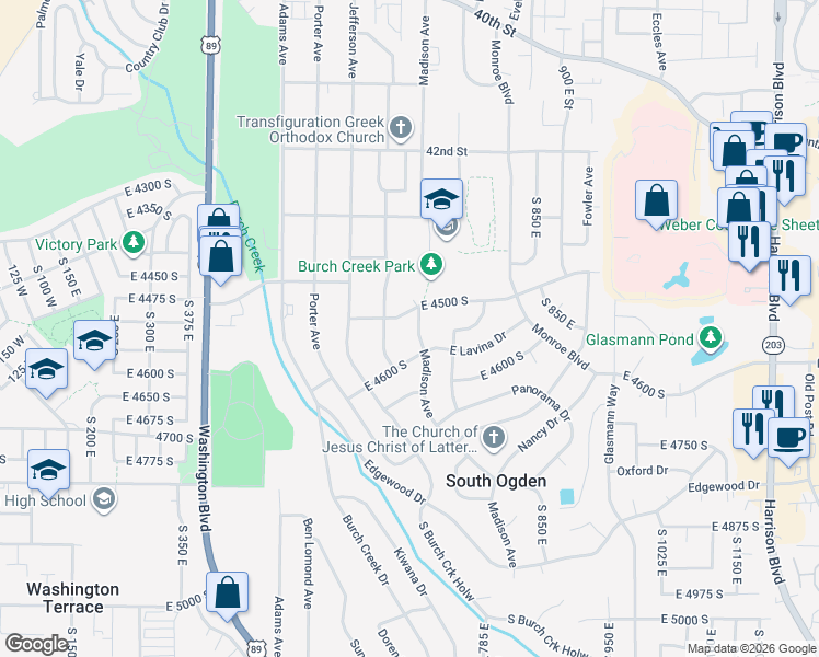 map of restaurants, bars, coffee shops, grocery stores, and more near 4521 Madison Avenue in South Ogden