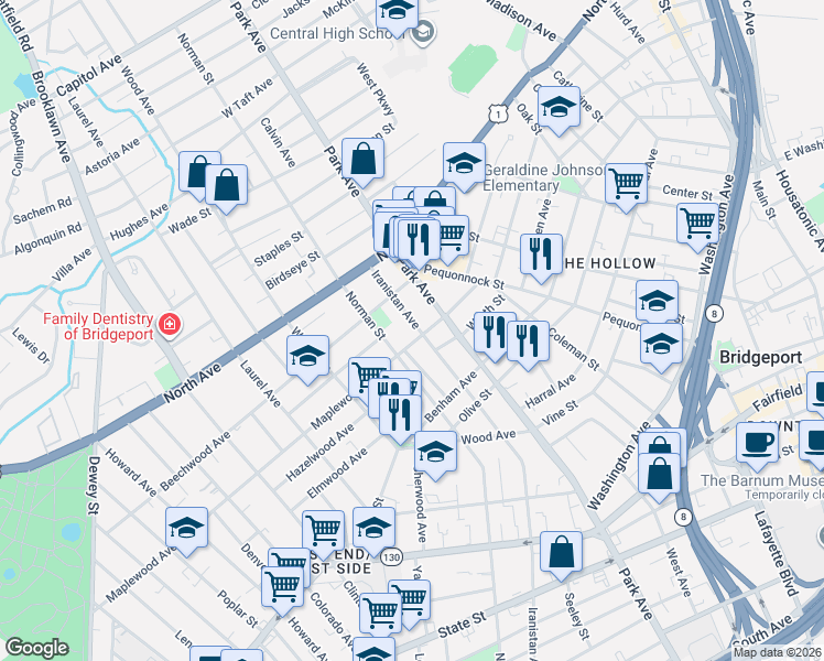 map of restaurants, bars, coffee shops, grocery stores, and more near 1545 Iranistan Avenue in Bridgeport