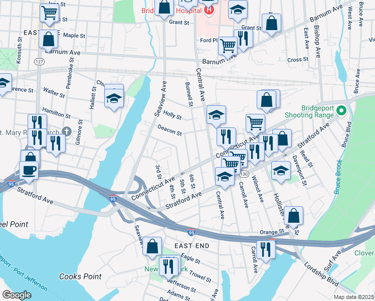 map of restaurants, bars, coffee shops, grocery stores, and more near 233 6th Street in Bridgeport