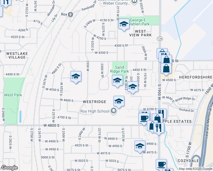 map of restaurants, bars, coffee shops, grocery stores, and more near 2259 4525 South Street in Roy