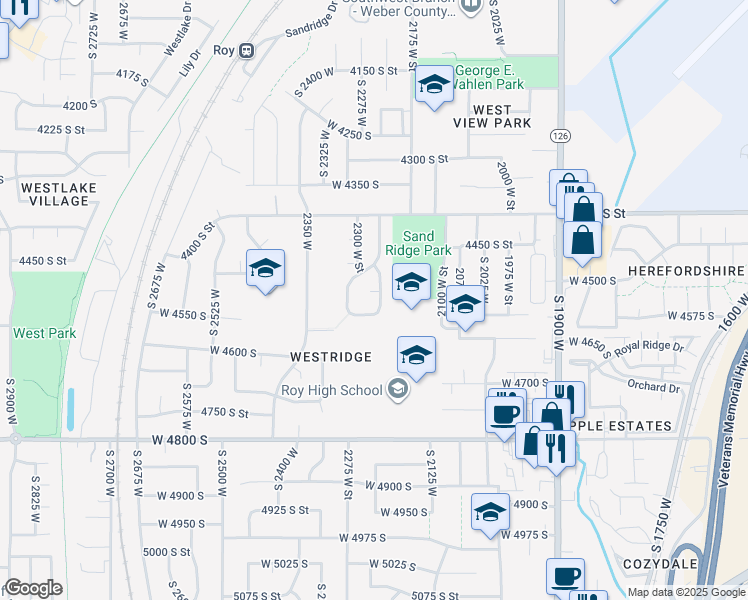map of restaurants, bars, coffee shops, grocery stores, and more near 2259 4525 South Street in Roy