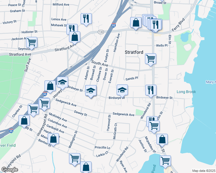 map of restaurants, bars, coffee shops, grocery stores, and more near 144 Everett Street in Stratford