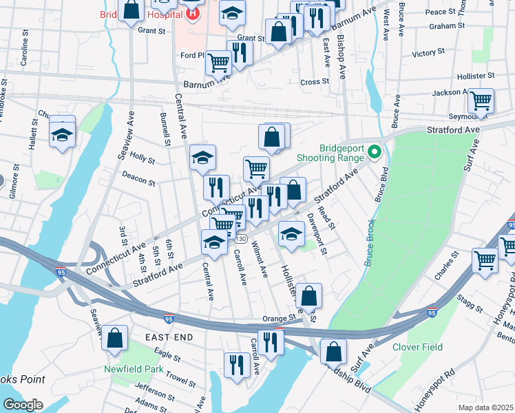 map of restaurants, bars, coffee shops, grocery stores, and more near 465 Hollister Avenue in Bridgeport