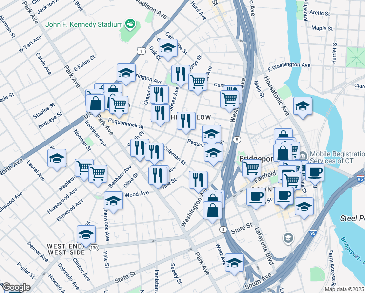 map of restaurants, bars, coffee shops, grocery stores, and more near 263 Harral Avenue in Bridgeport