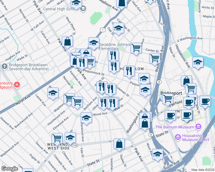 map of restaurants, bars, coffee shops, grocery stores, and more near 364 Benham Avenue in Bridgeport