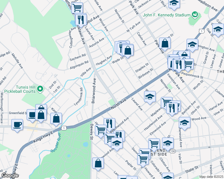 map of restaurants, bars, coffee shops, grocery stores, and more near 51 Brooklawn Place in Bridgeport