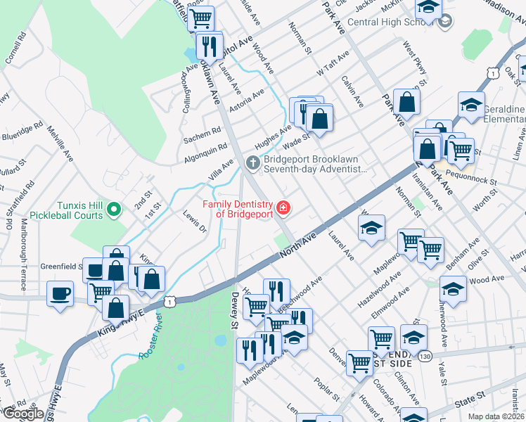 map of restaurants, bars, coffee shops, grocery stores, and more near 175 Brooklawn Avenue in Bridgeport