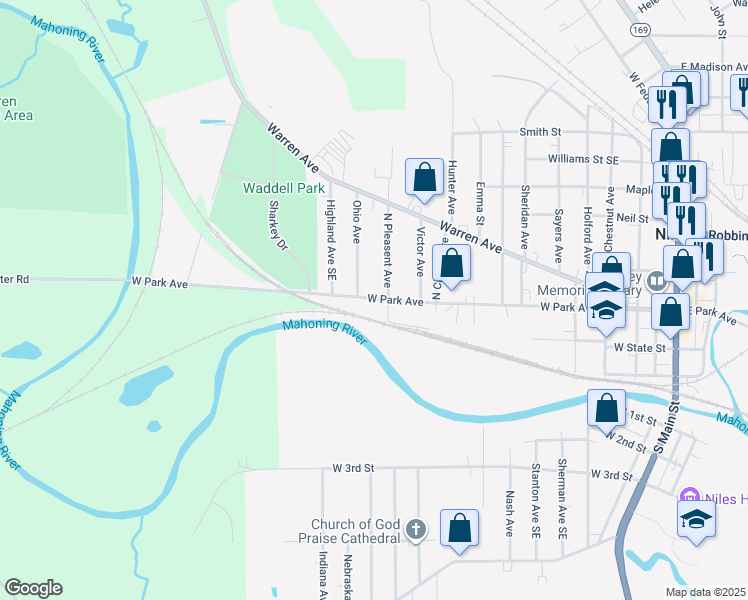 map of restaurants, bars, coffee shops, grocery stores, and more near 908 Park Place in Niles