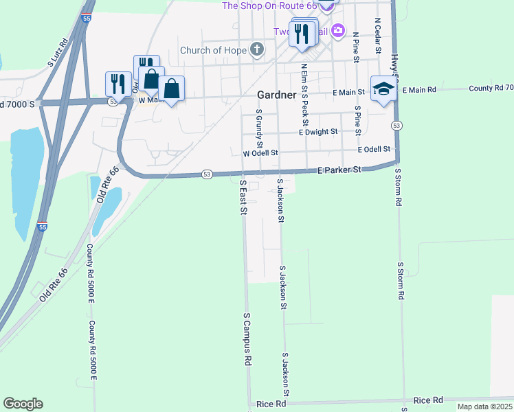 map of restaurants, bars, coffee shops, grocery stores, and more near 600 South East Street in Gardner