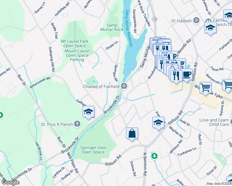 map of restaurants, bars, coffee shops, grocery stores, and more near 82 Springer Road in Fairfield
