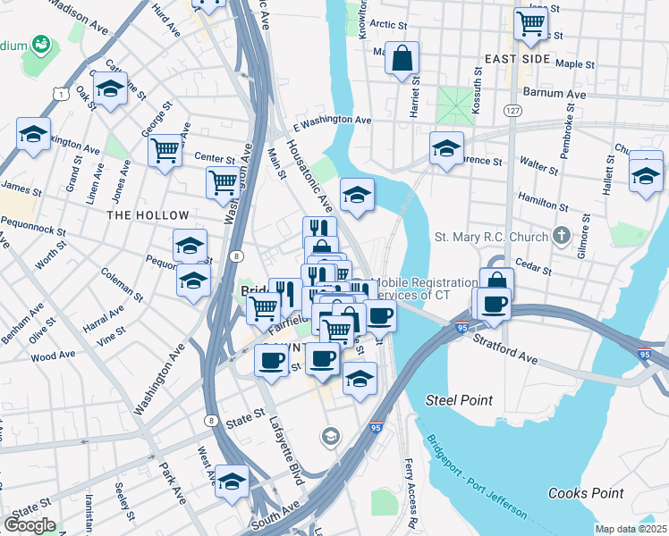 map of restaurants, bars, coffee shops, grocery stores, and more near 1188 Main Street in Bridgeport