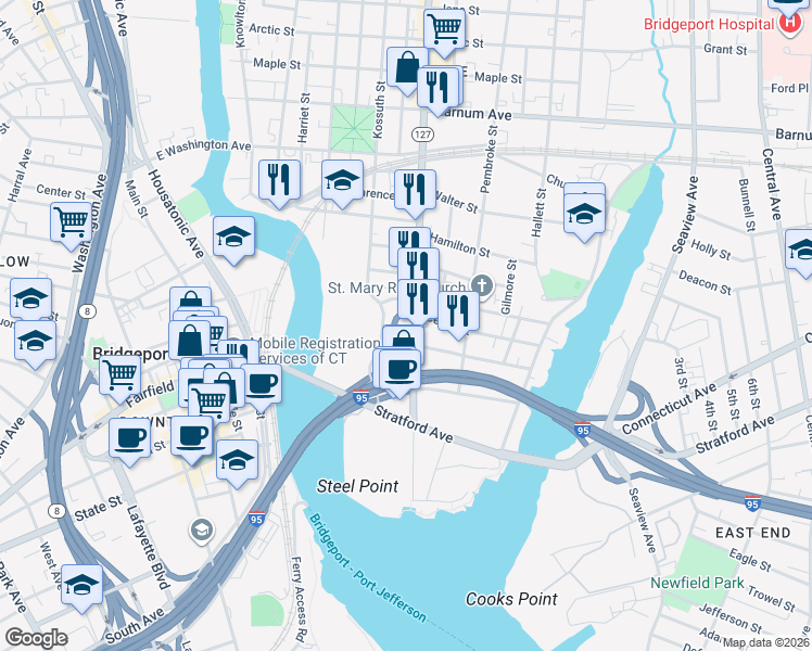 map of restaurants, bars, coffee shops, grocery stores, and more near 150 Kossuth Street in Bridgeport