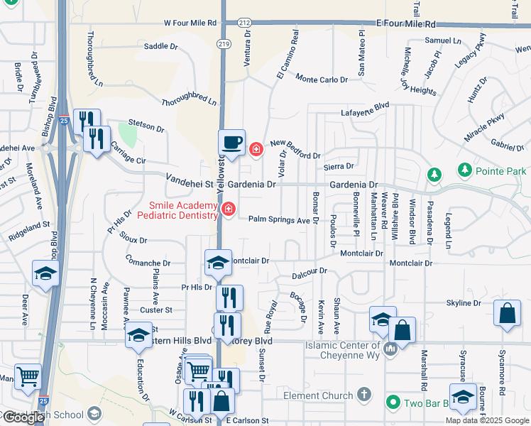 map of restaurants, bars, coffee shops, grocery stores, and more near 221 Talon Court in Cheyenne