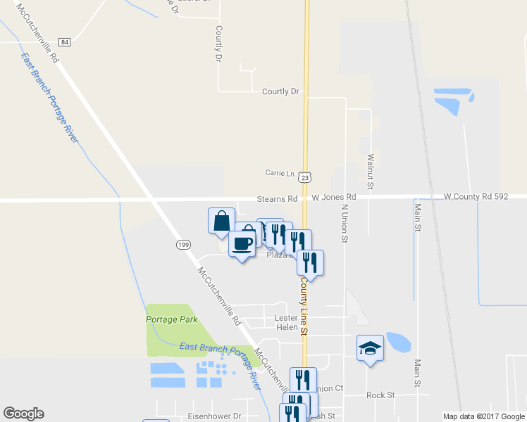 map of restaurants, bars, coffee shops, grocery stores, and more near 595 Stearns Road in Fostoria