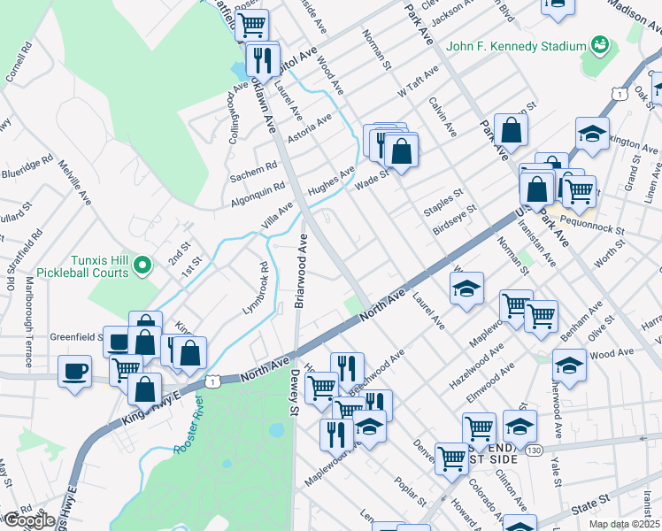 map of restaurants, bars, coffee shops, grocery stores, and more near 175 Brooklawn Avenue in Bridgeport