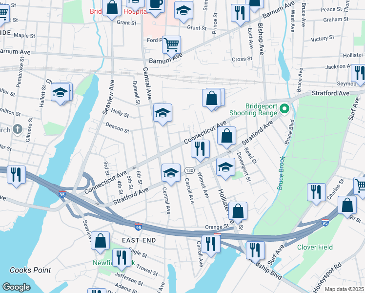 map of restaurants, bars, coffee shops, grocery stores, and more near 580 Carroll Avenue in Bridgeport