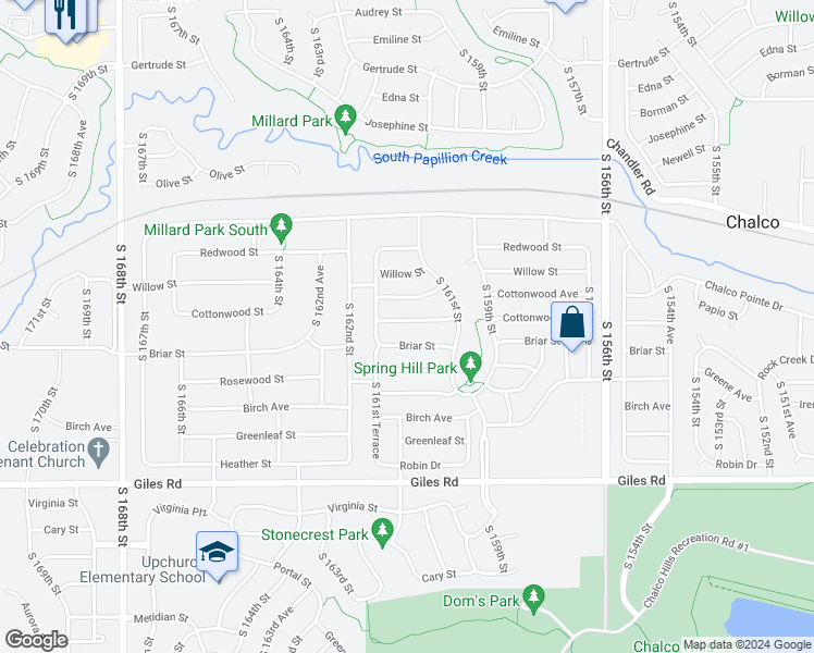 map of restaurants, bars, coffee shops, grocery stores, and more near 16137 Cottonwood Street in Omaha