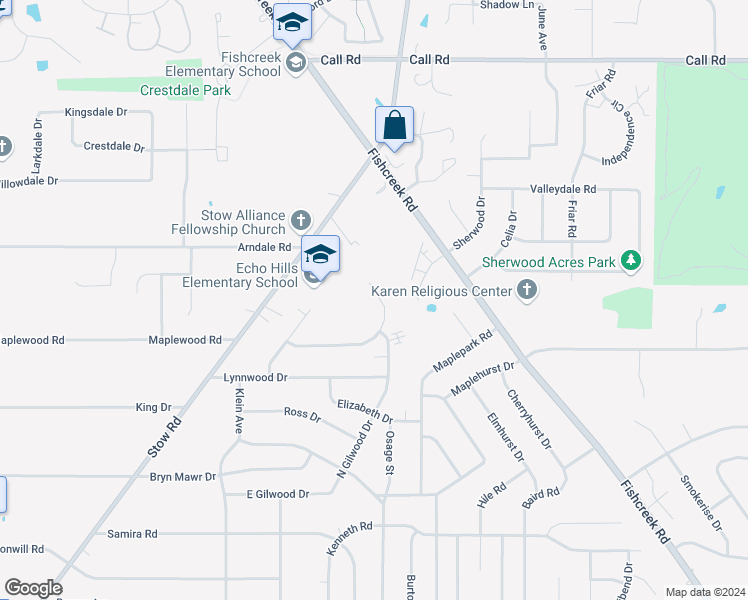 map of restaurants, bars, coffee shops, grocery stores, and more near 2403 Echo Valley Drive in Stow