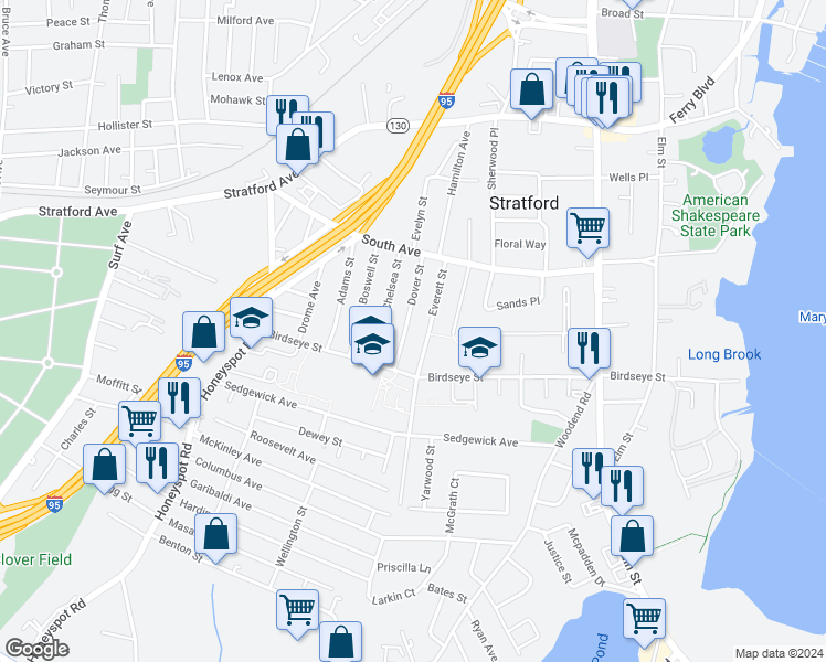 map of restaurants, bars, coffee shops, grocery stores, and more near 144 Everett Street in Stratford