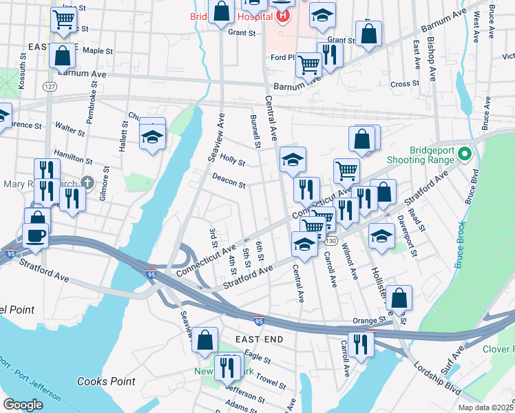 map of restaurants, bars, coffee shops, grocery stores, and more near 233 6th Street in Bridgeport