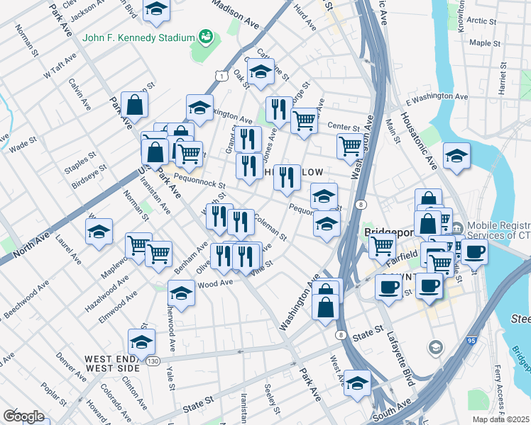 map of restaurants, bars, coffee shops, grocery stores, and more near in Bridgeport