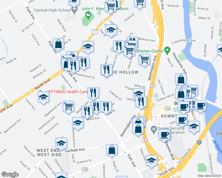 map of restaurants, bars, coffee shops, grocery stores, and more near in Bridgeport