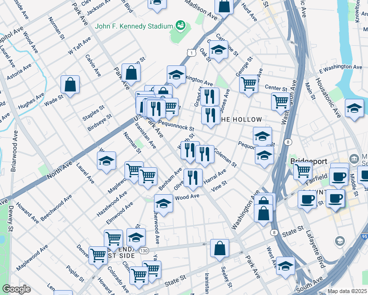 map of restaurants, bars, coffee shops, grocery stores, and more near 55 Worth Street in Bridgeport