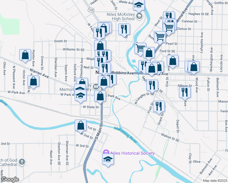 map of restaurants, bars, coffee shops, grocery stores, and more near 155 East State Street Southeast in Niles