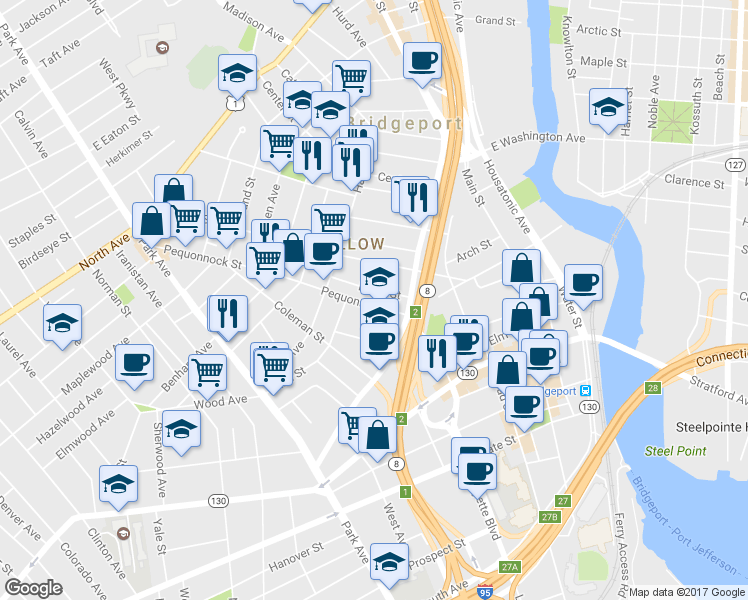map of restaurants, bars, coffee shops, grocery stores, and more near 86 Pequonnock Street in Bridgeport