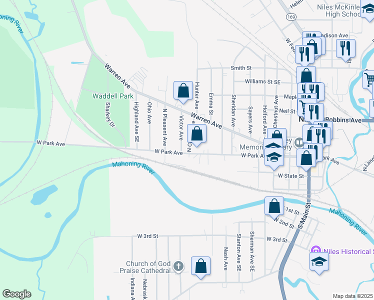 map of restaurants, bars, coffee shops, grocery stores, and more near 702 West Park Avenue in Niles