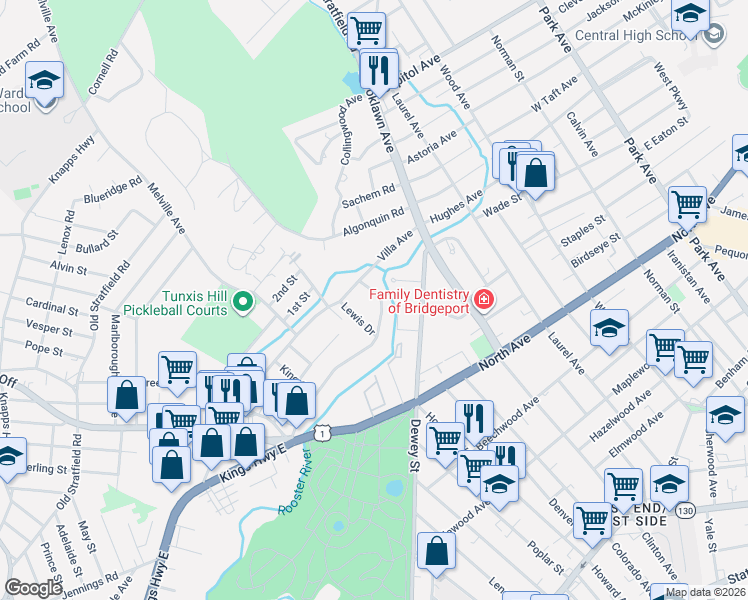 map of restaurants, bars, coffee shops, grocery stores, and more near 54 Lynnbrook Road in Fairfield