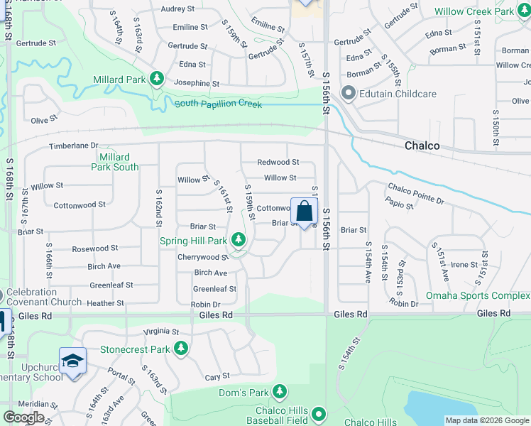 map of restaurants, bars, coffee shops, grocery stores, and more near 15831 Cottonwood Street in Omaha