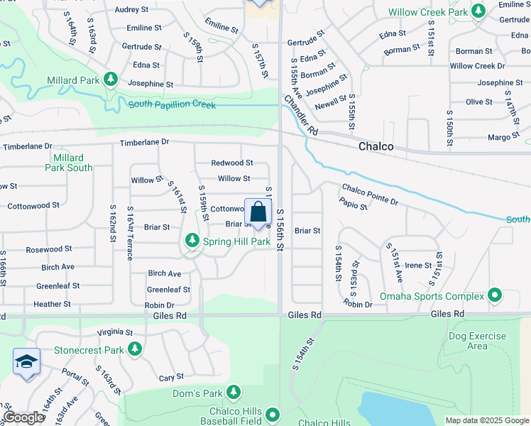 map of restaurants, bars, coffee shops, grocery stores, and more near 15603 Cottonwood Street in Omaha