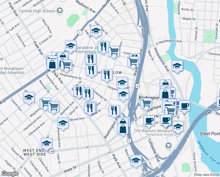 map of restaurants, bars, coffee shops, grocery stores, and more near 263 Harral Avenue in Bridgeport