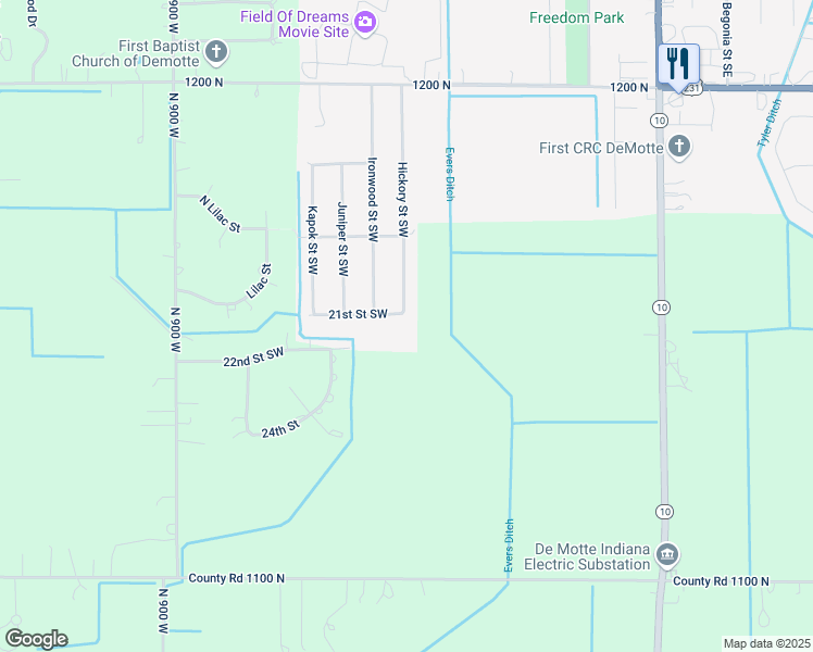 map of restaurants, bars, coffee shops, grocery stores, and more near 801 21st Street Southwest in De Motte
