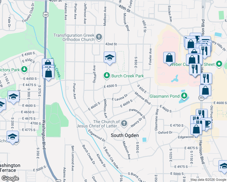 map of restaurants, bars, coffee shops, grocery stores, and more near 4539 South 750 East in South Ogden